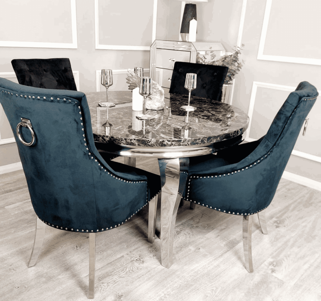 1.3m Round Louis Marble dining table with Duke Ring Knocker Chairs