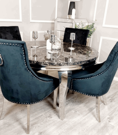 1.3m Round Louis Marble dining table with Duke Ring Knocker Chairs