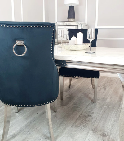 Louis Marble dining table with Duke Ring Knocker Chairs