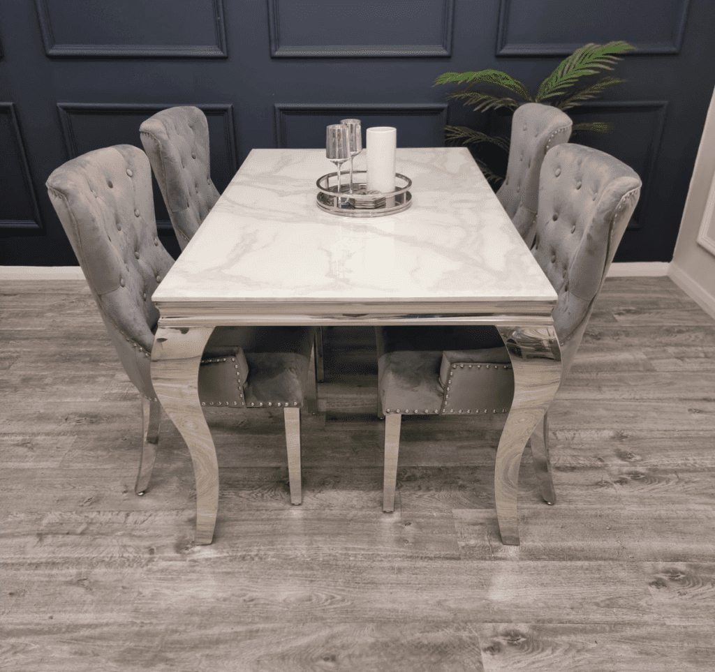 Louis Chrome Dining Table And Megan Plain Back/Ring Knocker Velvet Chairs