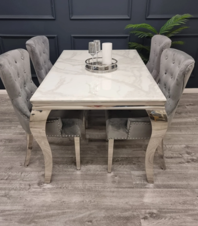 Louis Chrome Dining Table And Megan Plain Back/Ring Knocker Velvet Chairs