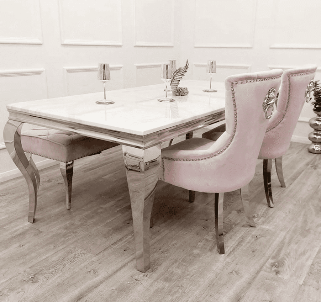 Louis Chrome Dining Table and Megan Chairs Solid Furnishing LTD Dining Sets Best selling In UK